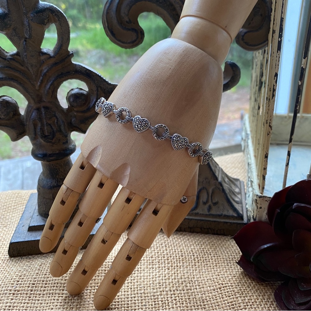 JUDITH JACK JJ STERLING Vintage Marcasite Love Heart Chain Bracelet 8”